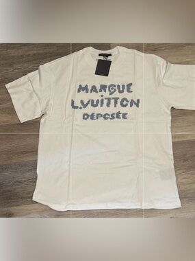Louis Vuitton White Short-Sleeve Logo T-Shirt with Blue Graphic